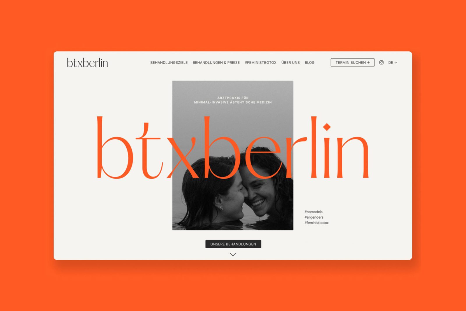 Homepage screenshot of the btxberlin website with orange wordmark and hero photo.
